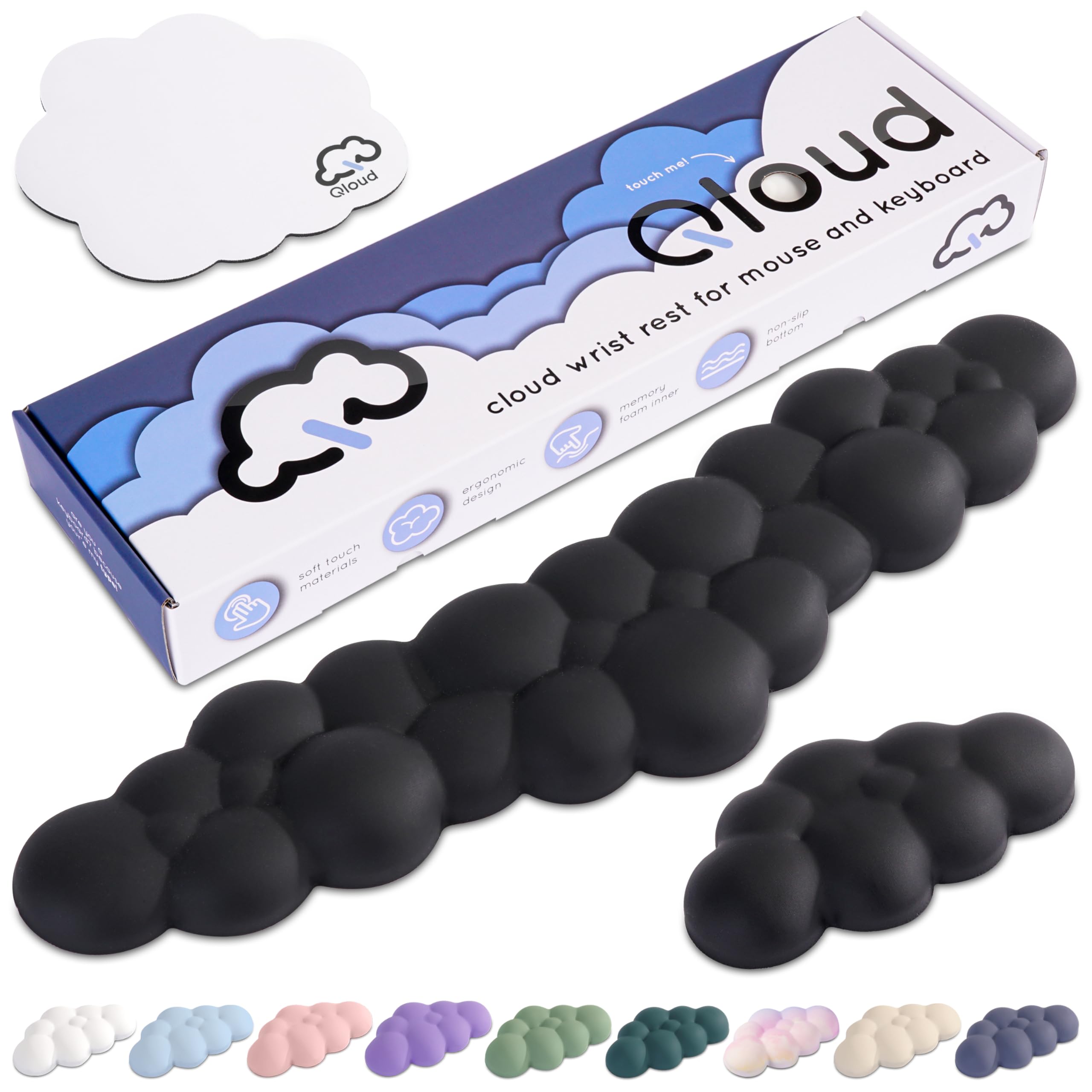 Qloud Cloud Wrist Rest - Ergonomic Memory Foam Keyboard Wrist Support with Non-Slip Base & Mouse Pad - Matte Black | Comfortable Typing for Office, Gaming & Home Computer Use