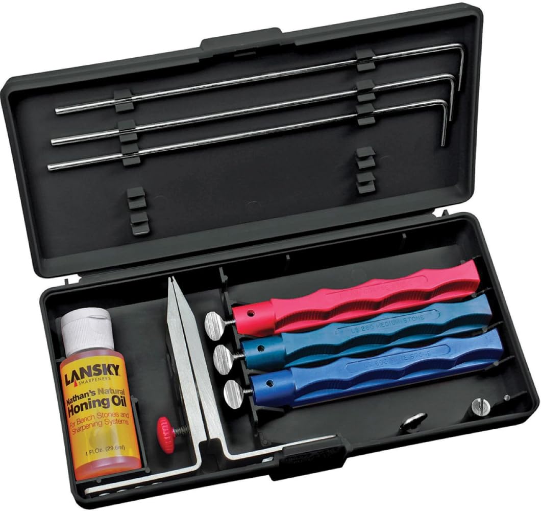 Lansky Standard Knife Sharpening System: 3-Stone Ceramic Knife Sharpener Kit with Honing Oil - Professional Knife Sharpener for Kitchen, Hunting & Outdoor Use - LKC03