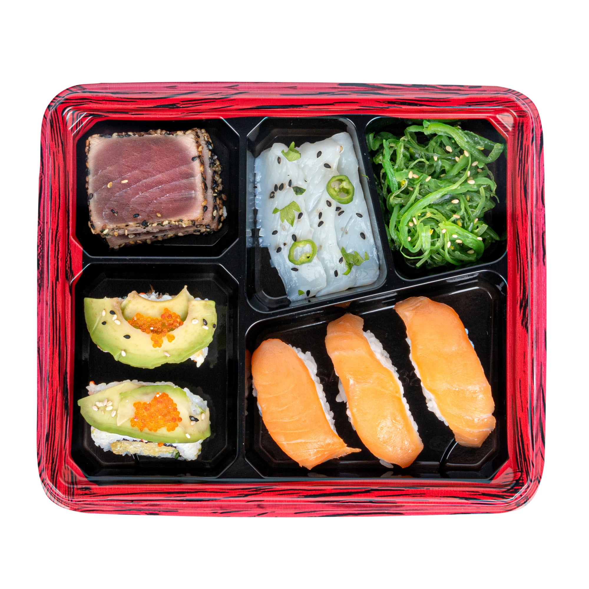 Bento Tek 18 oz Rectangle Red and Black Plastic Bento Box with 5 Compartments | 9.25