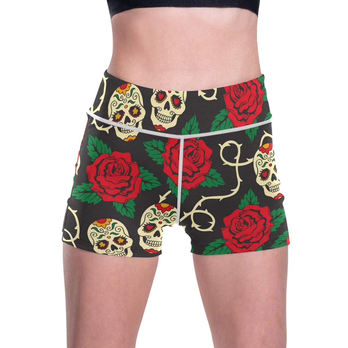 ALAZA Dia De Los Muertos Skull Flower Print Women's Workout Yoga Shorts - High Waisted Running Exercise Stretch Pants with Pockets - Perfect for Gym, Yoga & Casual Wear