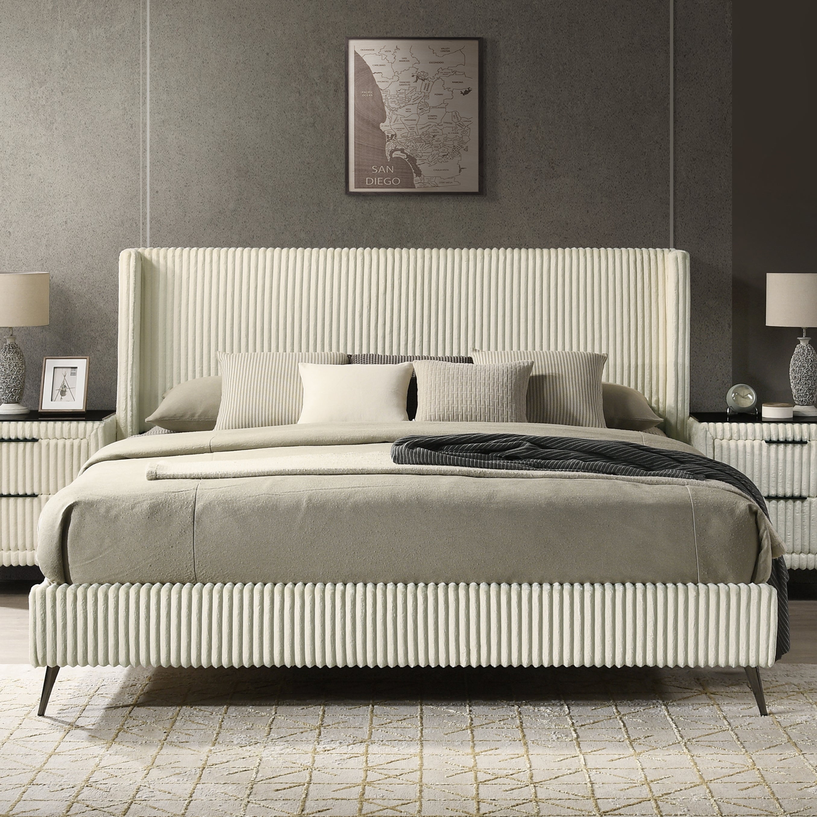 Roundhill Furniture Mavela Wide Wale Corduroy Upholstered Panel Bed with 2 Nightstands - Luxurious Bedroom Set for Modern Home Decor & Cozy Sleeping Experience