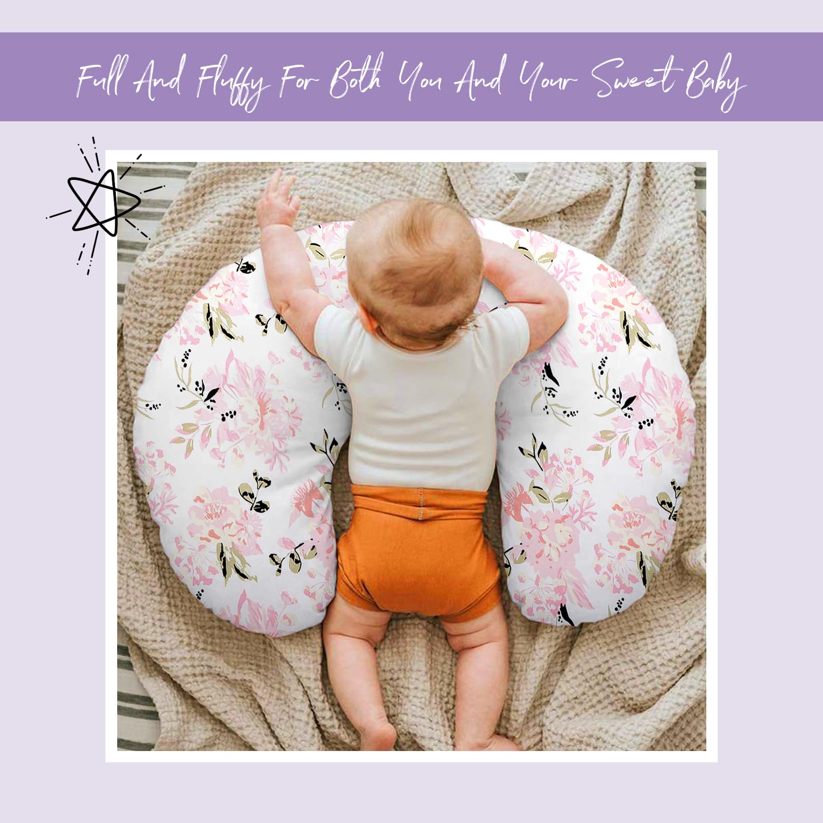 Lumono Nursing Pillow for Breastfeeding - Ergonomic Support Pillow for Moms & Babies 0-12 Months with Breathable Filling & Cute Rose Floral Cover - Perfect for Breastfeeding, Bottle Feeding & Tummy Time