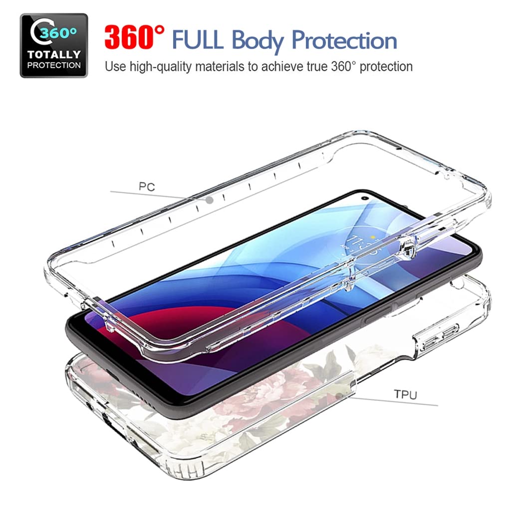 Premium Clear Floral Phone Case for Motorola Moto G Power 2021 (XT2117) - Shockproof Protective Cover with Tempered Glass Screen Protector - Cute Flower Design for Women Girls - Perfect for Daily Use, Work & Travel Protection