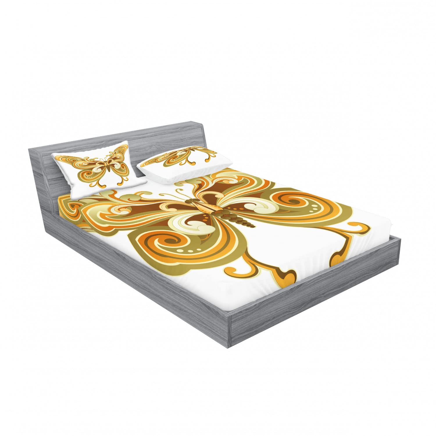 Ambesonne Modern 2-Pack Full Size Fitted Sheet & Pillow Sham Set - Macro Butterfly Design, 4-Piece Bedding Decor in Cinnamon Marigold Sepia | Includes 2 Fitted Sheets & 4 Pillow Covers | Perfect for Guest Rooms, Dorms & Cozy Bedroom Makeovers