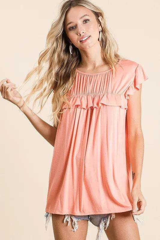 BiBi Jersey Knit Gathered Ruffled Top - Women's Fashion Blouse for Casual Wear, Date Nights & Office Outfits