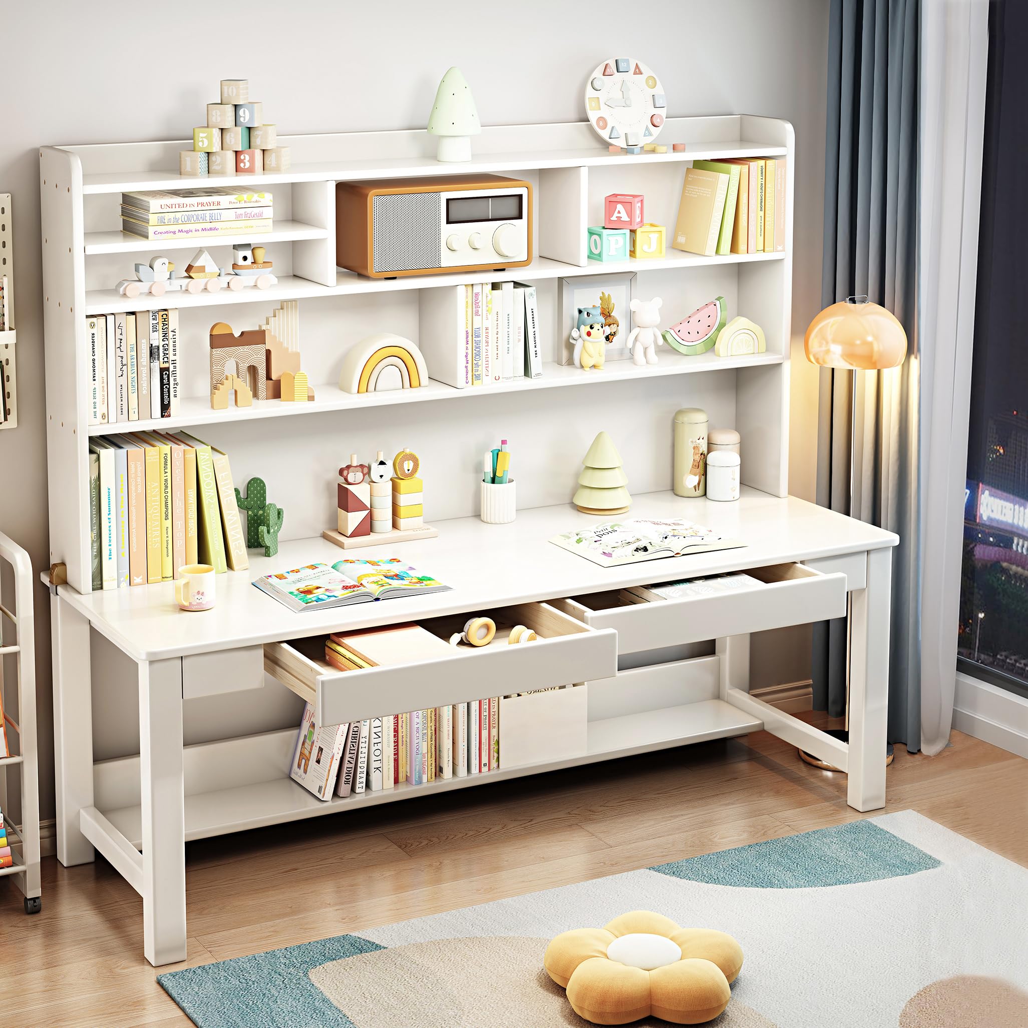 Kids Wooden Study Desk with Hutch - Adjustable Height Solid Wood Children's Table for Homework & Crafts - Perfect for Home Office, Classroom & Playroom (White)