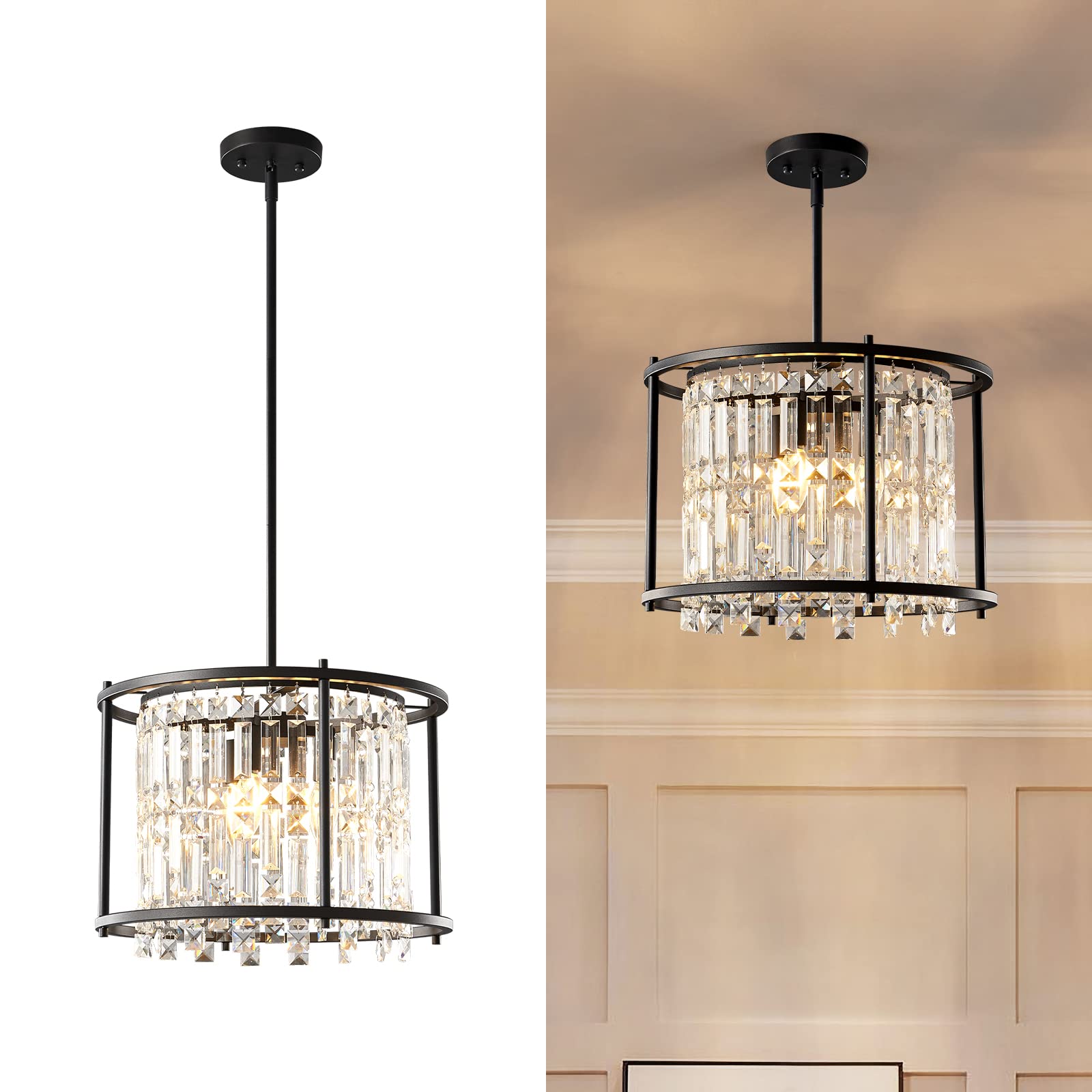 LMQNINE 3-Light Round Industrial Chandelier - 15.74 Inch Black Crystal Pendant Light Fixture for Kitchen Island, Dining Room, Living Room & Entryway | Modern Farmhouse Lighting for Home Decor & Restaurant Ambiance