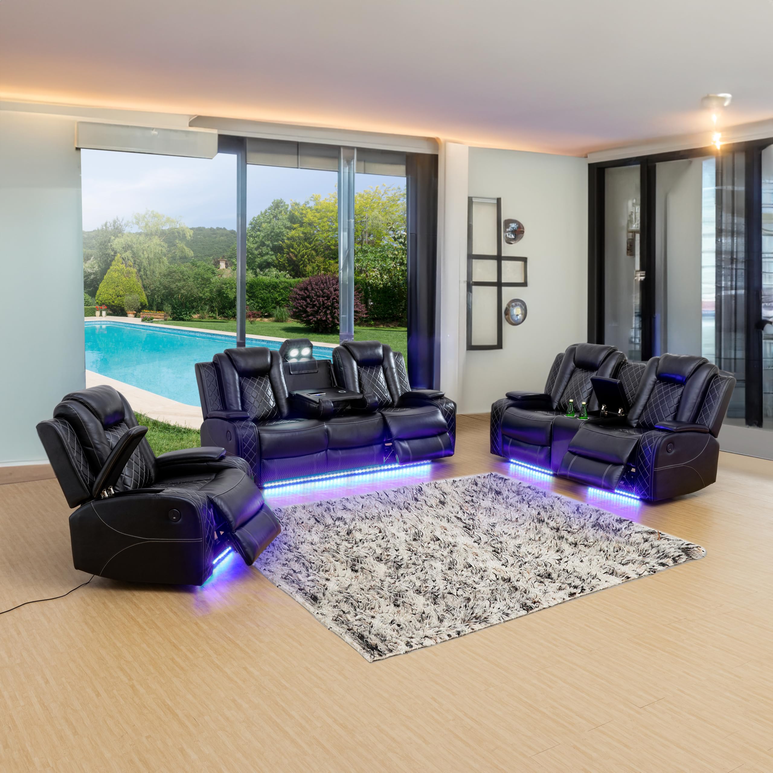 Electric Power Recliner Sofa Set with LED Lights - Modern Living Room Furniture for Home, Dorm, Guest House & Airbnb | Perfect for Relaxing, Movie Nights & Small Spaces