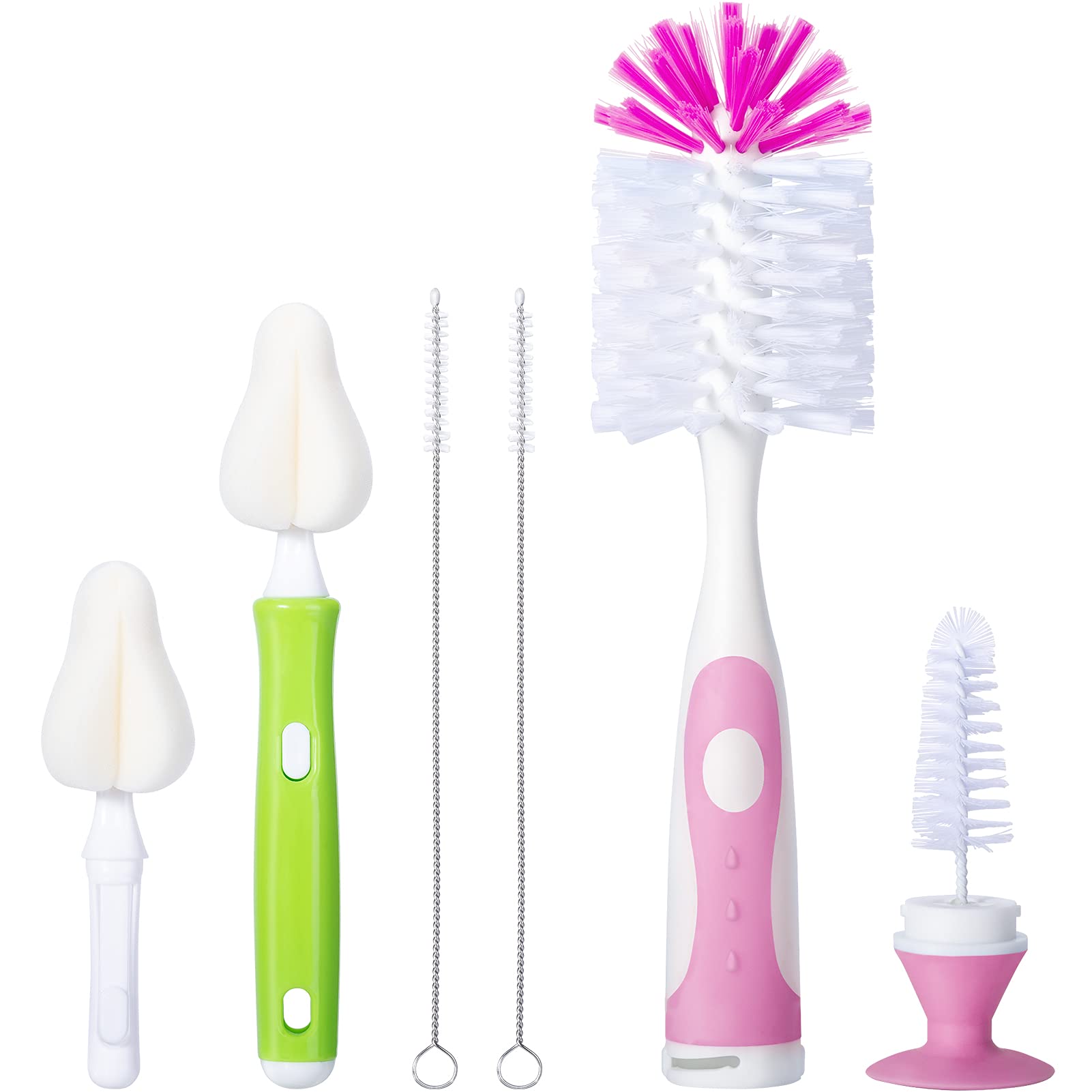 Premium Baby Bottle Cleaning Kit - 2 Nylon Nipple Brushes, 2 Straw Cleaners & Sponge Brush with Suction Cup Base | BPA-Free Bottle Brush Set for Newborns & Infants | Perfect for Breast Pump Parts, Sippy Cups & Baby Feeding Accessories (Pink)