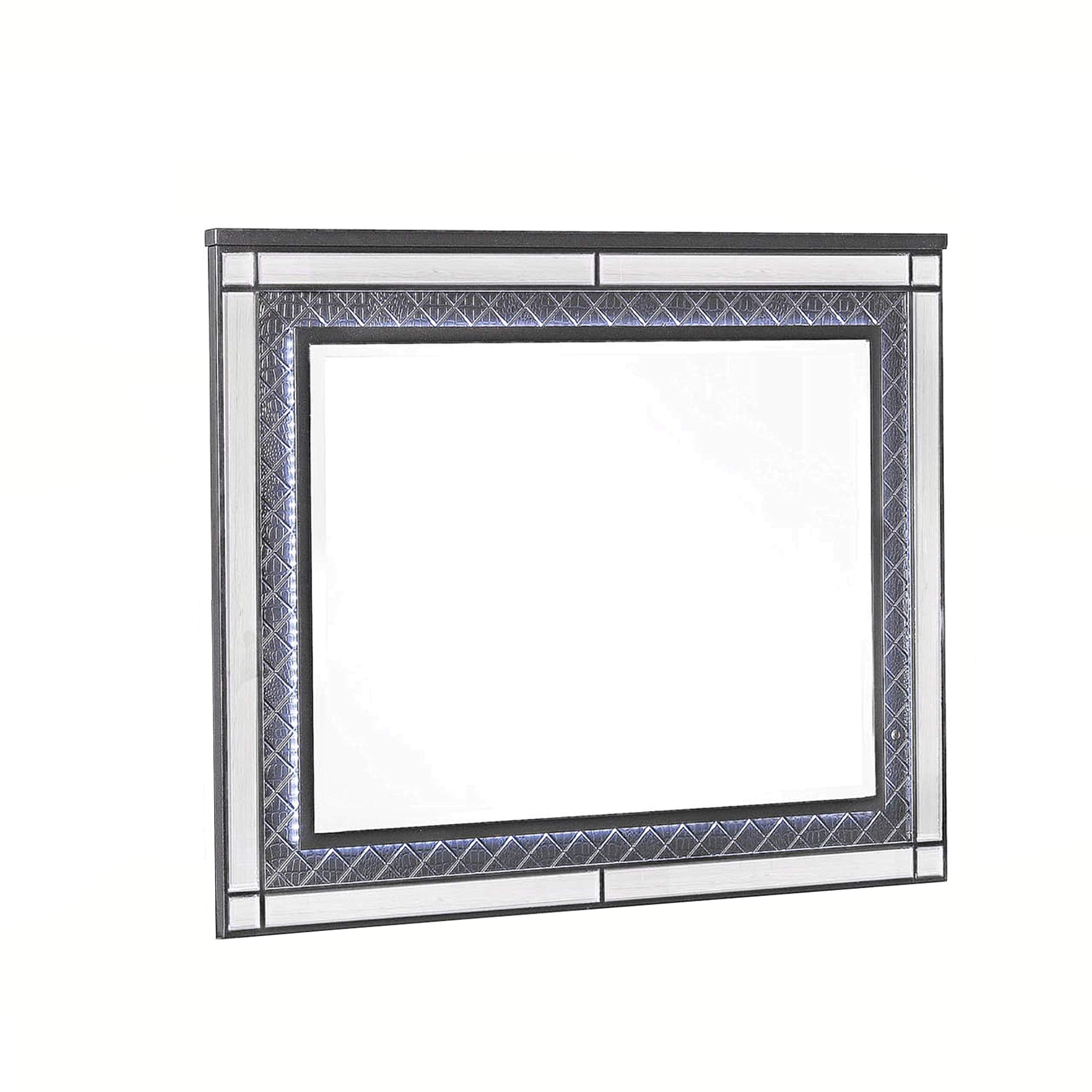 Benjara LED Trim Wooden Frame Mirror with Diamond Pattern - Gray & Silver - Modern Bathroom Vanity Mirror, Bedroom Dresser Mirror, Entryway Decor