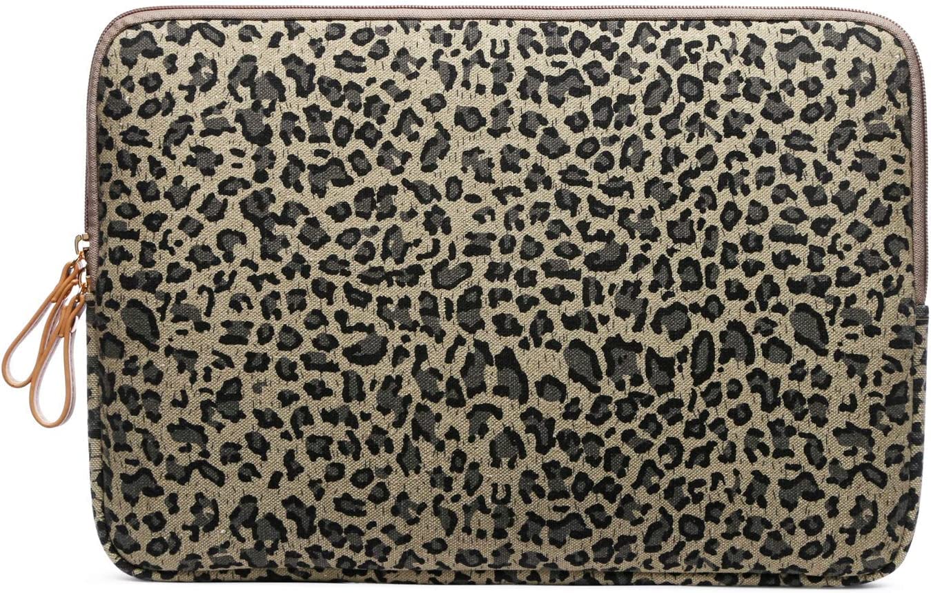 **XSKN 15.6 Inch Yellow Canvas Laptop Sleeve with Stylish Leopard Print – Compatible with MacBook Pro 16, Dell, HP, Lenovo & More – Perfect for Work, Travel & School**