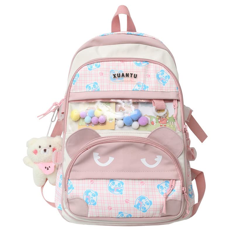 Cute Kawaii Laptop Backpack for Women & Girls - Aesthetic College Bookbag with Bear Accessories, Lightweight School Shoulder Bag (Pink) | Perfect for School, Work, Travel & Everyday Use