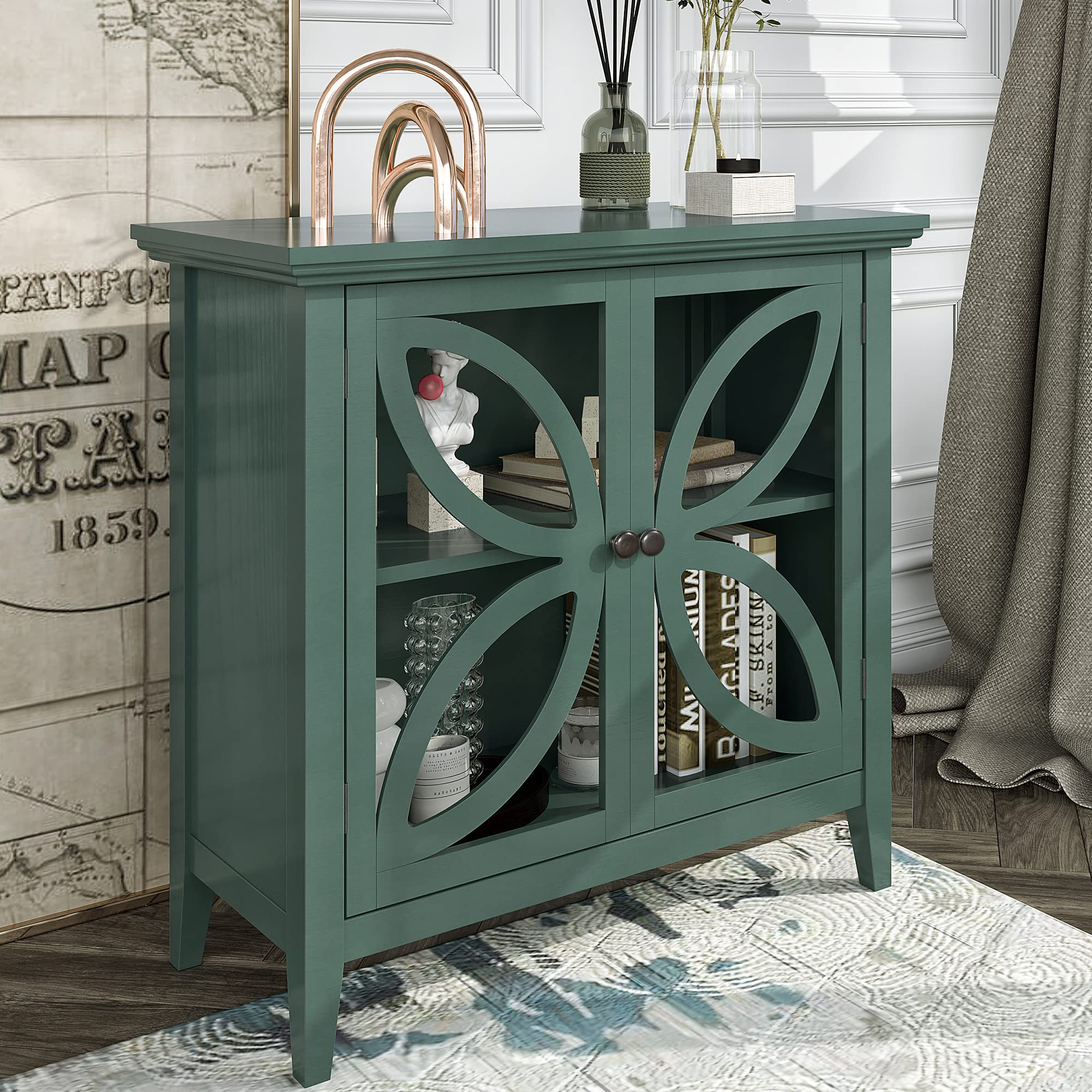 Farmhouse Style Wooden Storage Cabinet with Decorative Glass Door - Buffet Sideboard Console Table for Entryway, Living Room, Bedroom - Perfect for Home Organization & Rustic Decor (Type F-Navy Green)