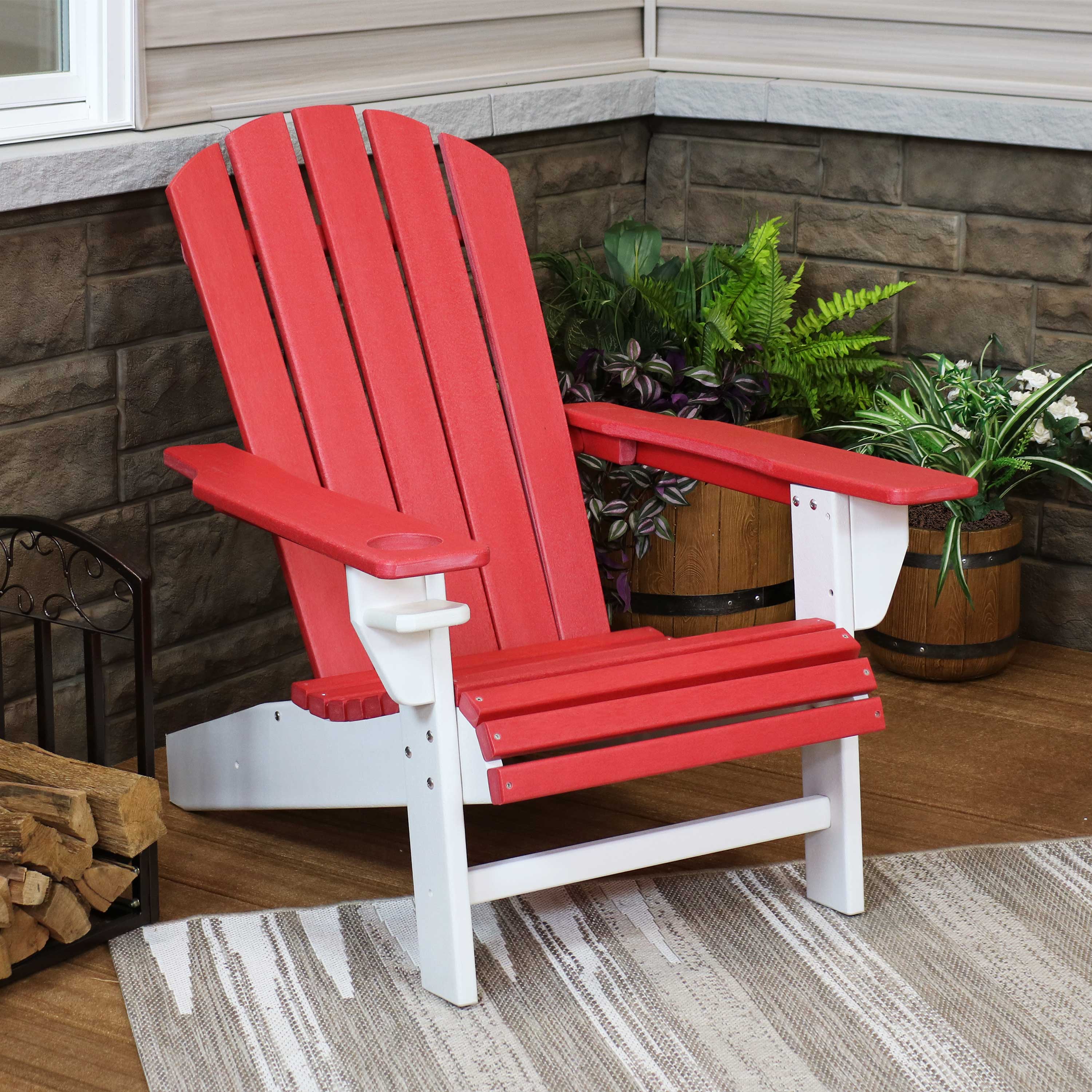 Durable All-Weather 2-Tone Outdoor Adirondack Chair with Cup Holder - Perfect for Patio, Garden, Poolside & Backyard Relaxation