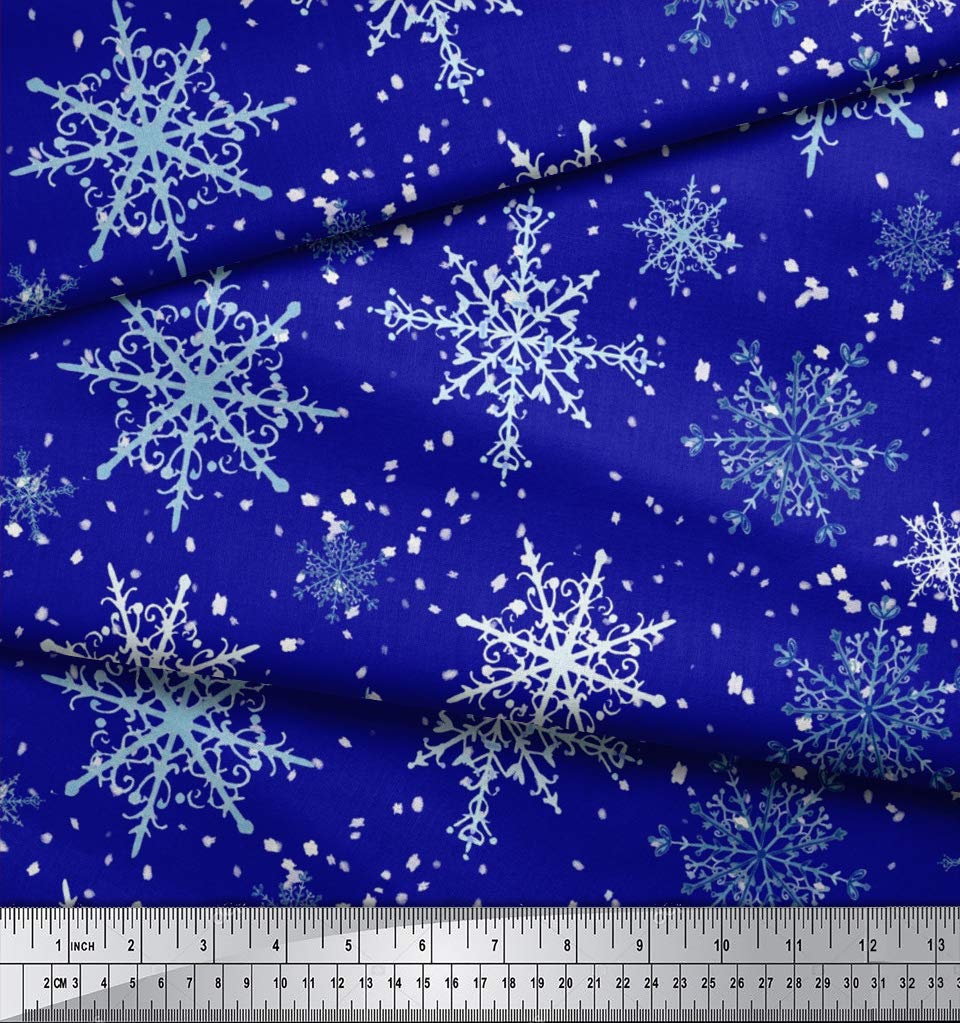 Soimoi Moss Georgette Blue Fabric by The Yard - 42 Inch Wide Printed Fabric with Snowflakes & Stars Pattern - Winter Whimsy Design for Dresses, Scarves, Home Decor & DIY Craft Projects