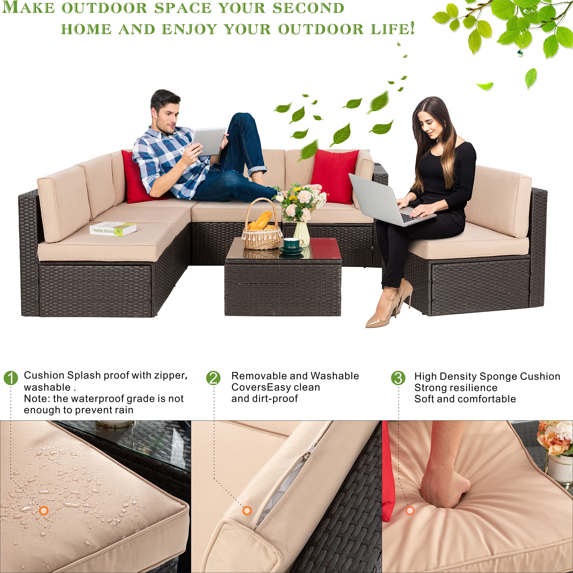 Vongrasig 7-Piece Outdoor Patio Furniture Set - PE Wicker Rattan Sectional Sofa with Cushions, Glass Coffee Table & Red Throw Pillows (Beige) - Perfect for Backyard, Garden, Poolside & Patio Relaxation
