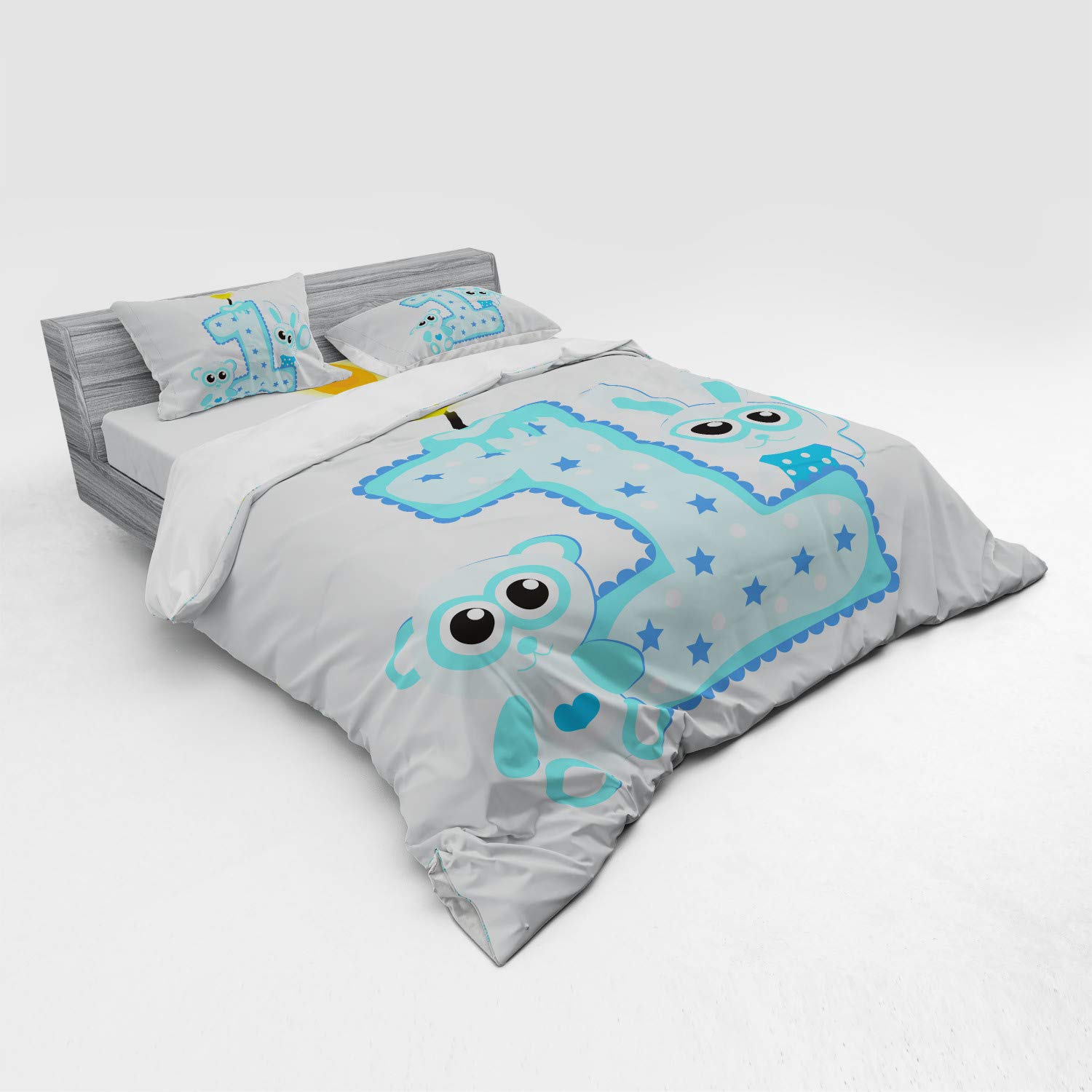 Ambesonne 1st Birthday Bedding Set - King Size 3-Piece Duvet Cover with Sham & Fitted Sheet - Cute Cake, Candle, Rabbit & Bear Animal Print in Pale Blue - Perfect for Baby's First Birthday Party Decorations & Nursery Room Decor