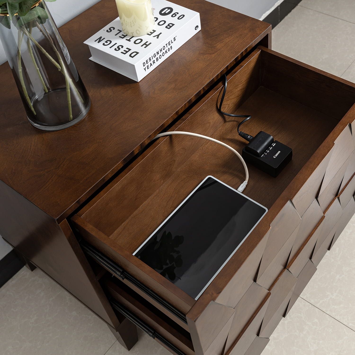 2-Drawer Nightstand with Built-in USB Outlets - Modern Bedside Table for Charging Devices, Perfect for Bedroom, Living Room, or Office