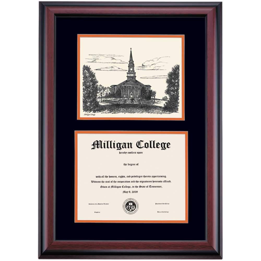 Milligan College Buffaloes Diploma Frame | 8.5x11 Inch Black & Orange Mat Display | Seeger Memorial Chapel Pen & Ink Design | Graduation Gift for Students, Alumni & Faculty | Perfect for Office, Home or Dorm Decor