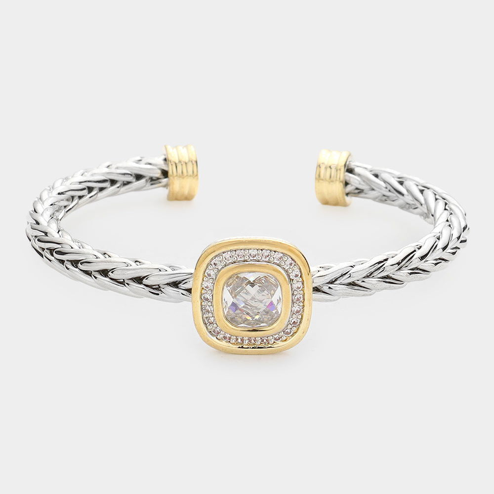 Sterling Silver CZ Cushion Square Stone Accented Cuff Bracelet for Women - Elegant Fashion Jewelry for Parties, Weddings & Special Occasions