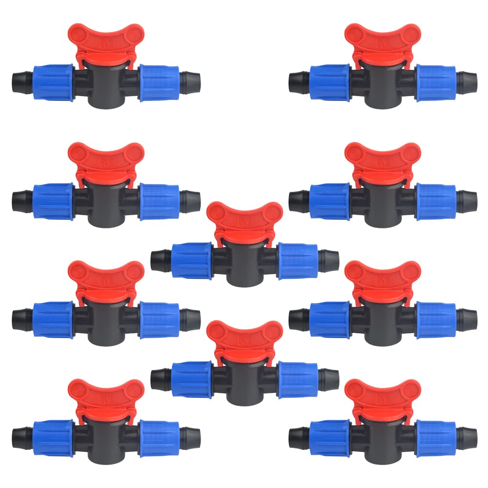 10-Pack 1/2 Inch Drip Irrigation Shut-Off Valve - Universal Coupling for 16-17mm Drip Tape Tubing - Compatible with Sprinkler Systems (Blue & Red) - Perfect for Garden, Lawn & Greenhouse Watering