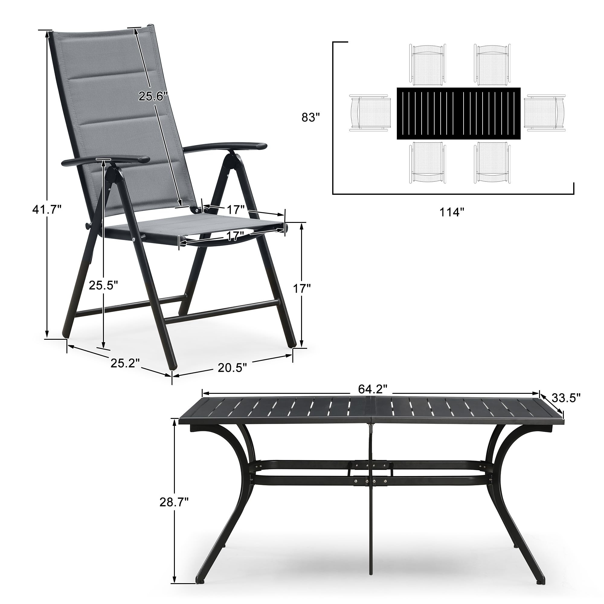 PURPLE LEAF 6-Piece Outdoor Dining Set with Adjustable All-Aluminum Black Slat Table & Padded Folding Chairs - Modern Patio Furniture for Backyard, Garden, Poolside or Terrace (Grey)