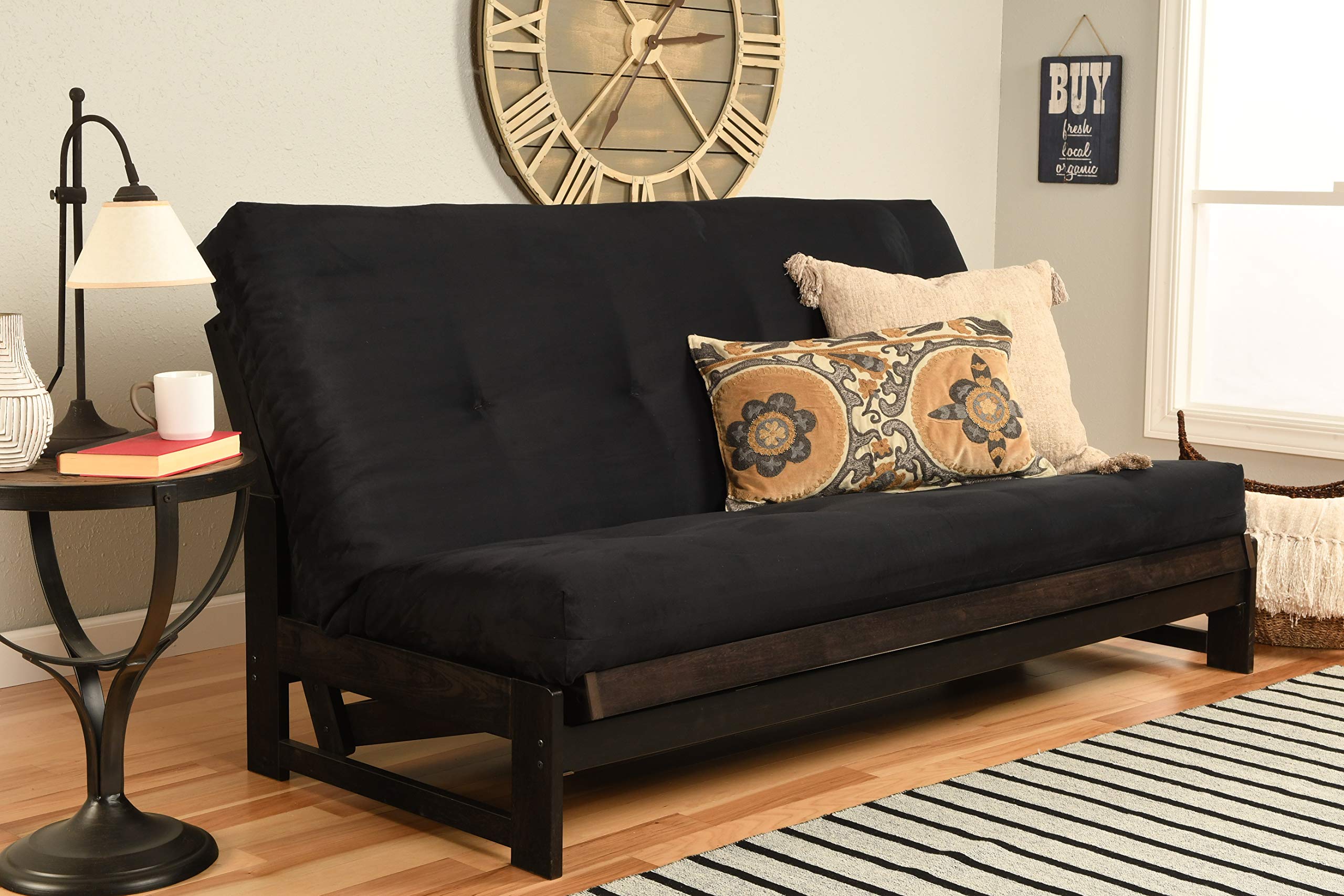 Kodiak Furniture Aspen Futon Set with Reclaimed Mocha Finish & Black Suede Upholstery - Convertible Sofa Bed for Small Spaces, Dorm Rooms, and Guest Bedrooms