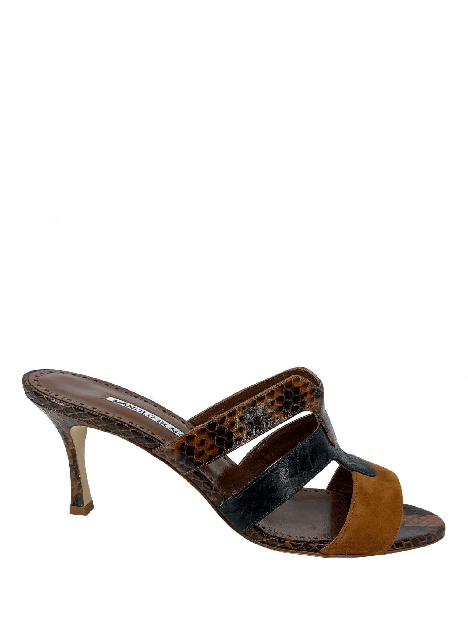 Manolo Blahnik Pennina Brown Suede & Snakeskin Mules - Women's Size 9 Luxury Designer Slides | Perfect for Evening Parties, Weddings & Special Occasions