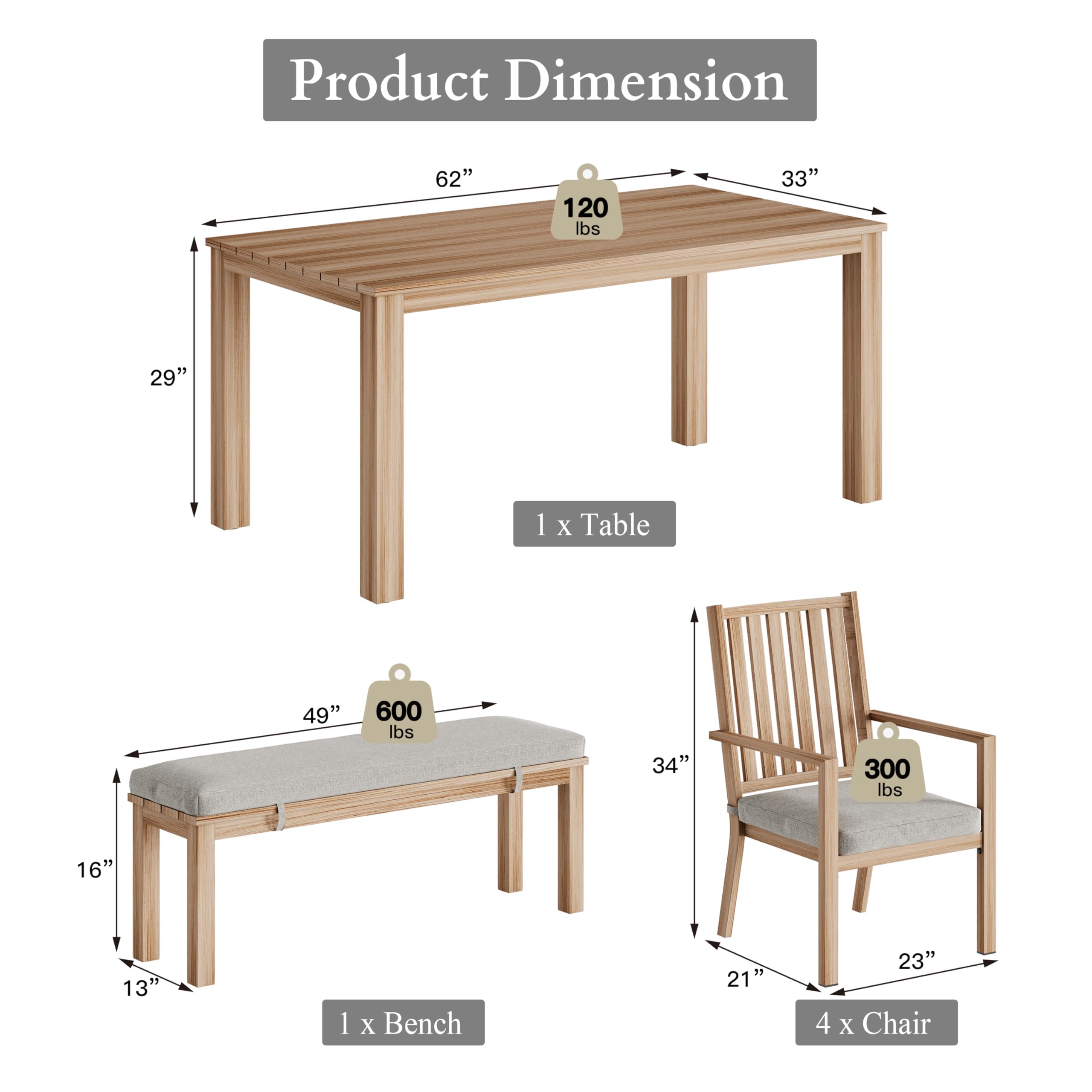 RoyalCraft Aluminum 6-Piece Patio Dining Set - Outdoor Dining Table with 4 Chairs & Bench - Weather-Resistant Brown Patio Furniture with Removable Cushions - Perfect for Garden, Backyard, Lawn & Outdoor Entertaining