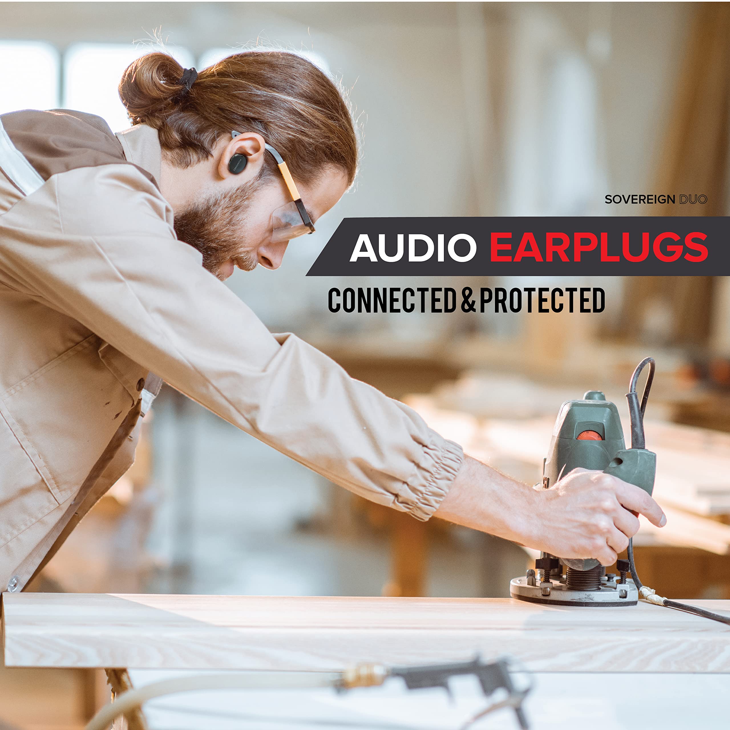 Plugfones Sovereign Duo True Wireless Bluetooth Earplug Headphones - 26dB Noise Reduction, OSHA Compliant Hearing Protection Earbuds with Sound Focused Mic for Construction, Shooting, Lawn Mowing & Industrial Work