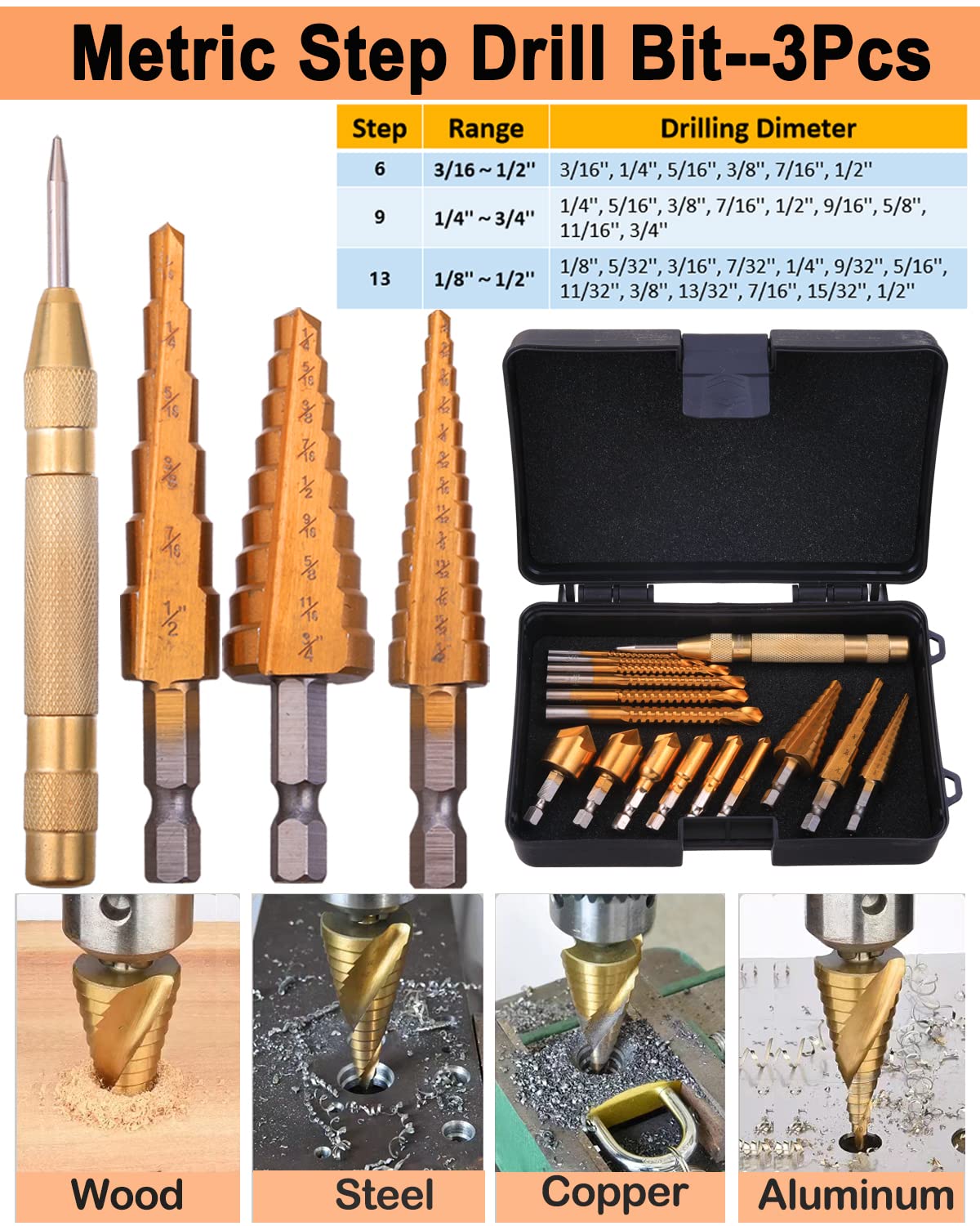 16Pcs Drill Bit Set with Case - Titanium Coated Step Drill Bits, Countersink & HSS Twist Bits for Metal, Wood & DIY Projects | Perfect for Home Improvement, Construction & Crafting