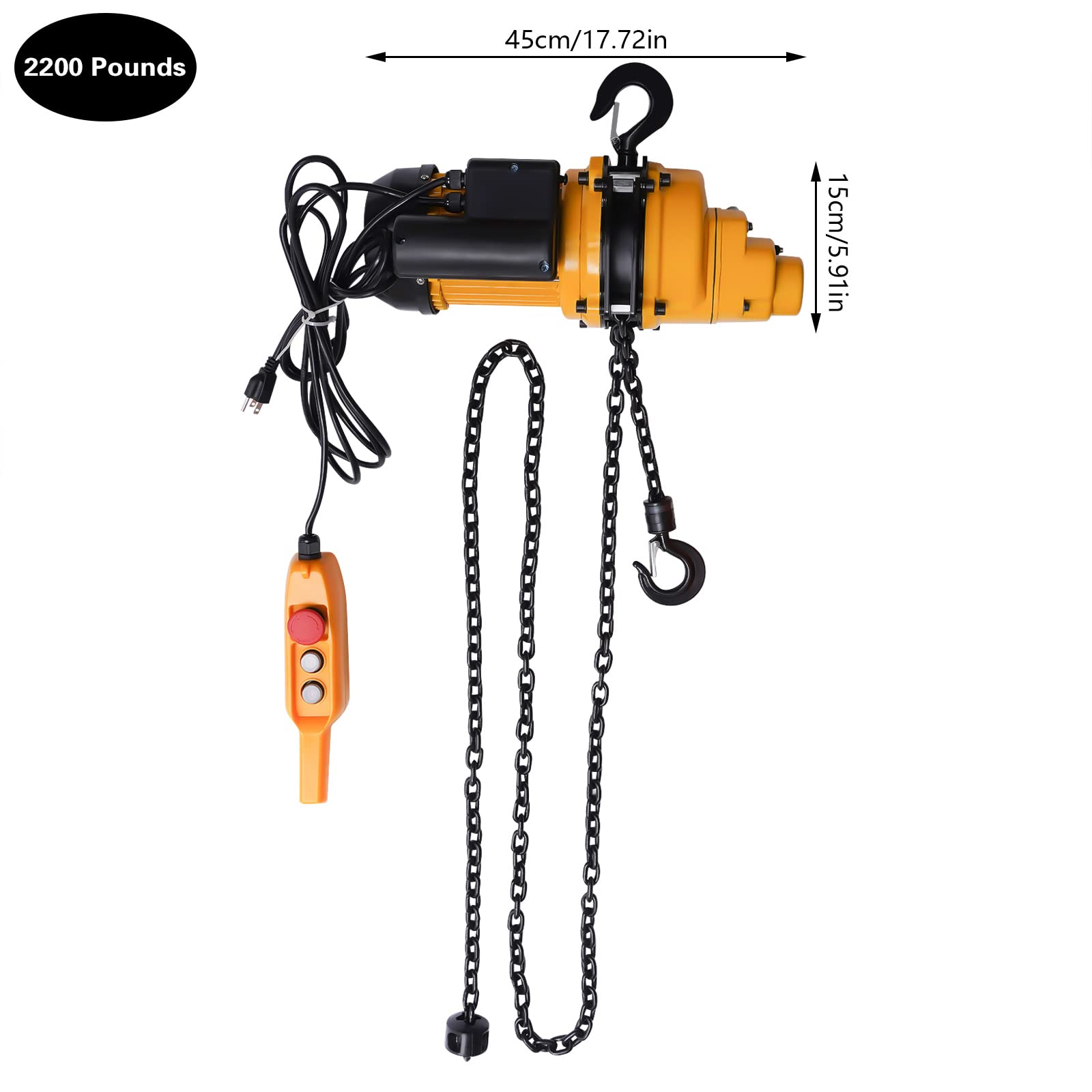 1 Ton Electric Chain Hoist - 2200 LBS Capacity with 3M Wired Remote Control, 1500W Heavy Duty Lifting System, Emergency Stop & 13ft Max Lift - 110V for Warehouse, Construction & Industrial Use