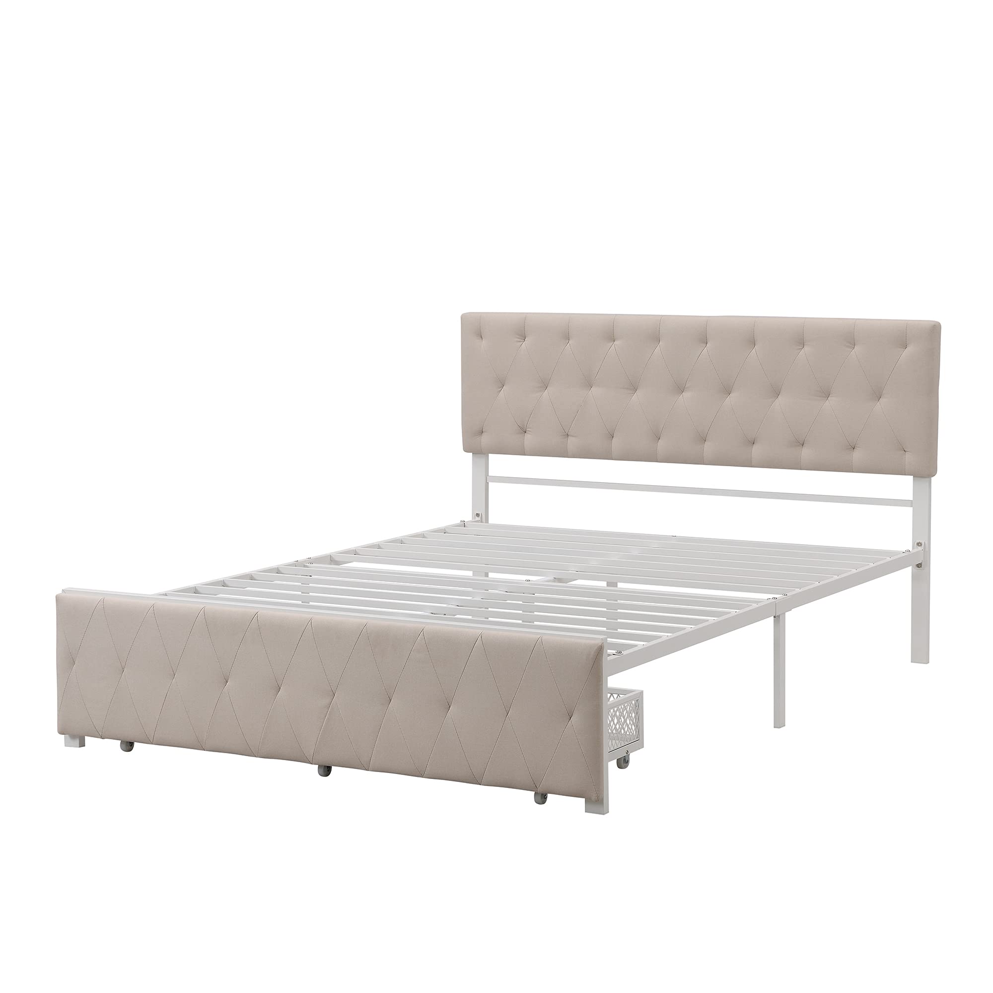 Queen Size Upholstered Platform Bed with Storage Drawer - Sturdy Metal Frame & Slat Support System, No Box Spring Needed, Beige - Perfect for Small Bedrooms, Guest Rooms & Modern Apartments