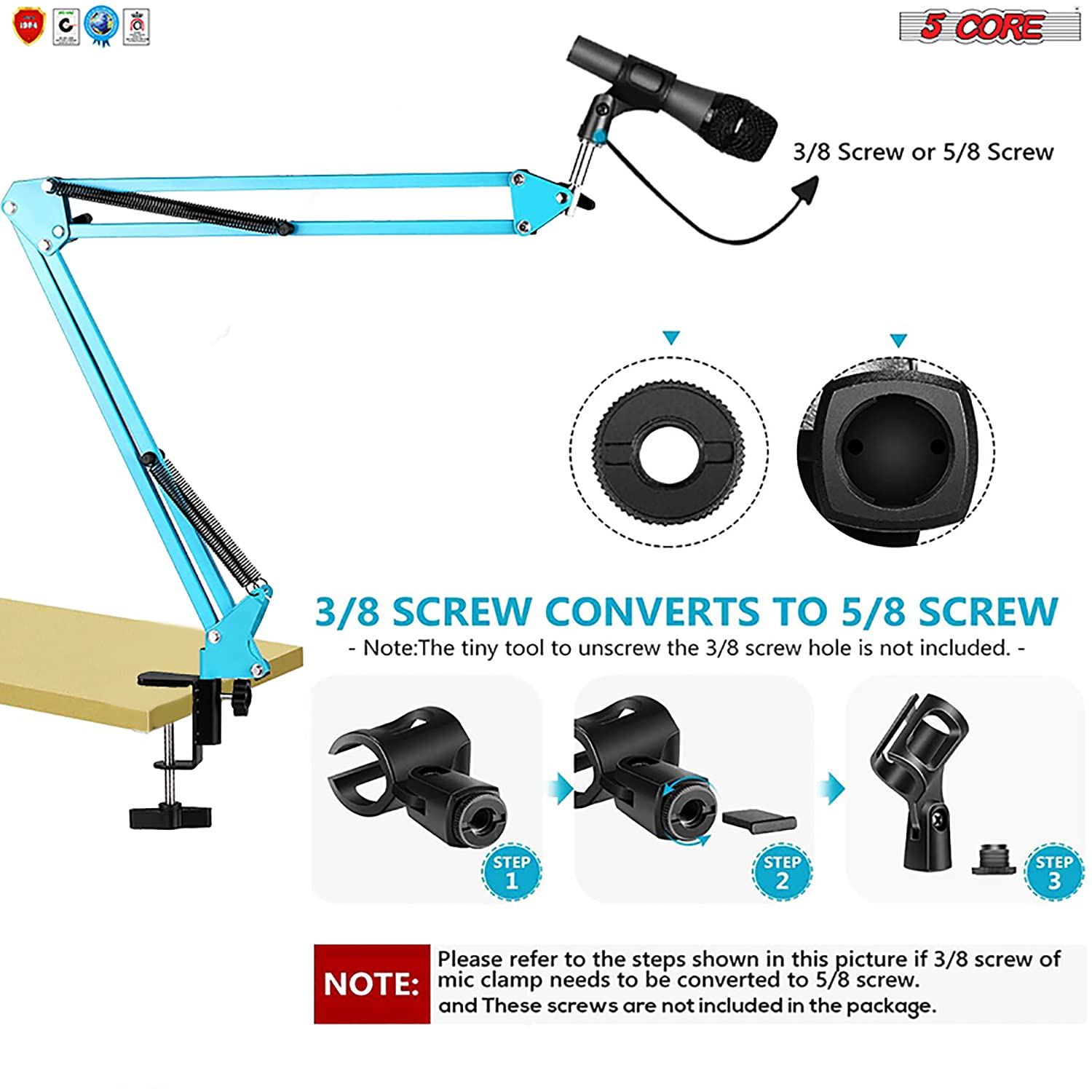 5 Core Adjustable Boom Microphone Stand - Heavy Duty Desk Mount Mic Arm for Condenser & Dynamic Mics (MS ARM BLU) - Perfect for Podcasting, Streaming & Voice Recording