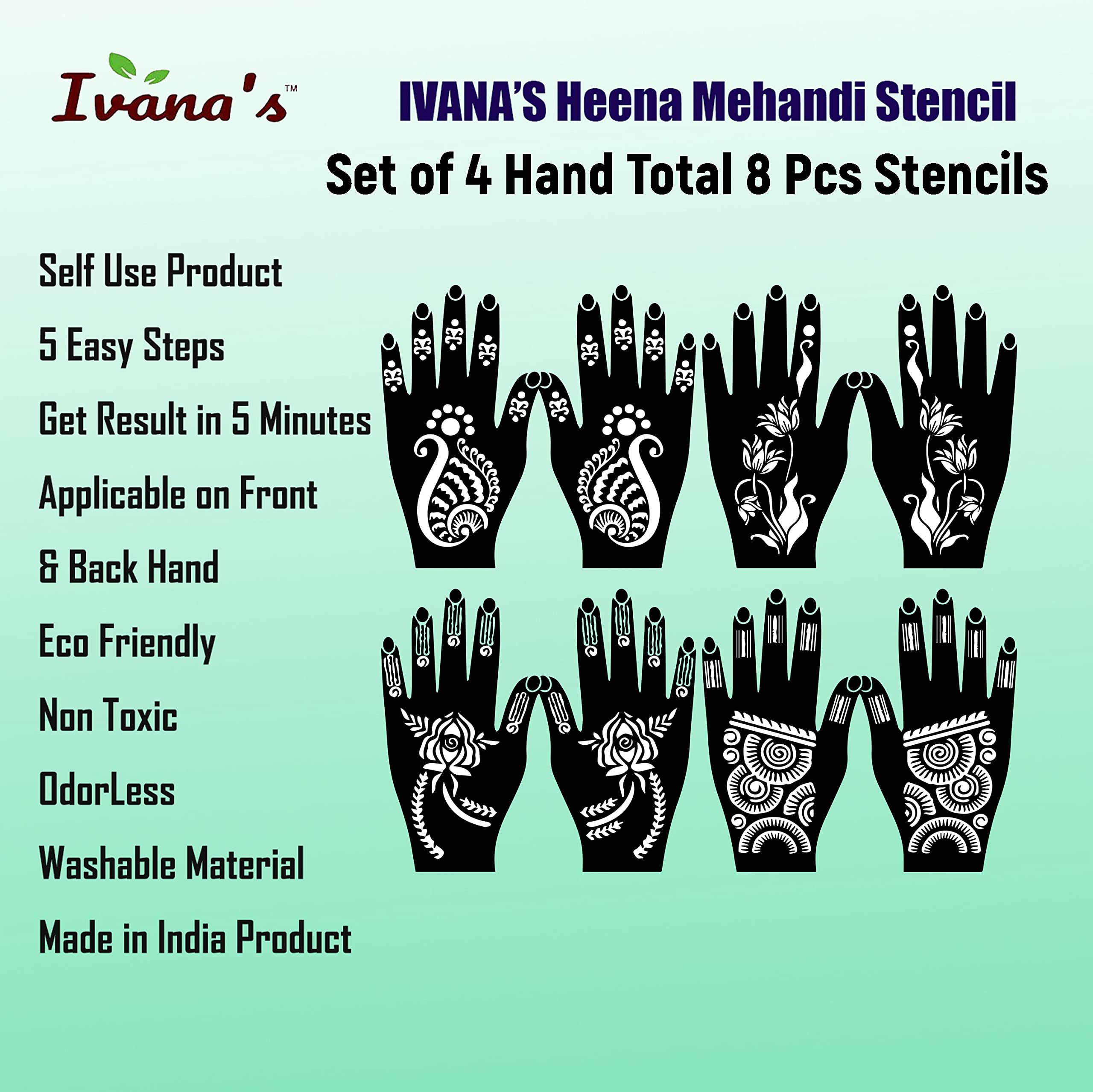 8-Piece Henna Tattoo Stencil Kit for Women, Girls & Kids | Beautiful Hand Design Temporary Tattoos | Mehandi Body Art Supplies | Perfect for Parties, Weddings & Festivals (Model MT-14)