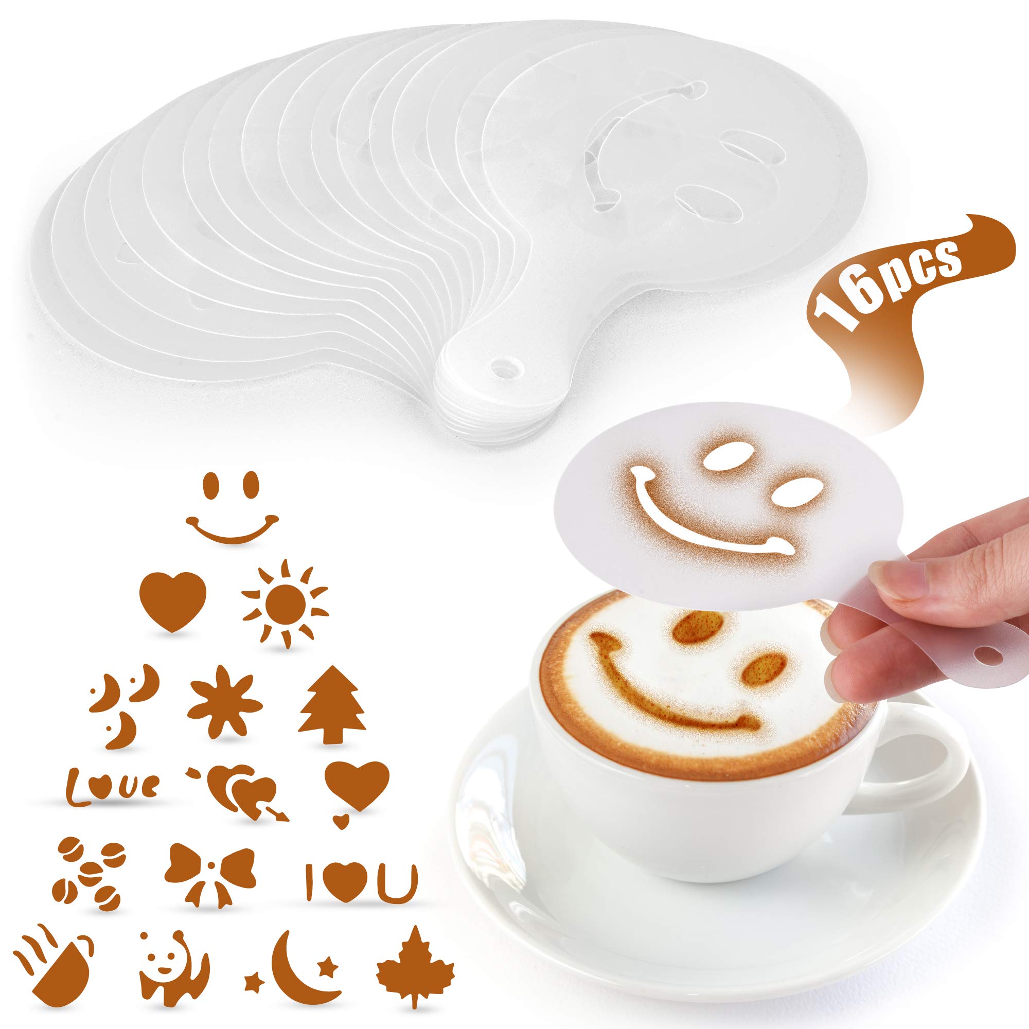 Zulay Kitchen 16-Piece Coffee Stencils Set for Latte Art - Professional Barista Tools for Latte, Cappuccino & Hot Chocolate - Reusable Plastic Decorative Stencils - Perfect for Home & Cafe Coffee Making - Great for Holidays, Parties & Gifts