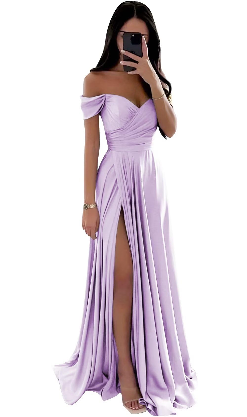Elegant Off-the-Shoulder Satin Bridesmaid Dresses - Long Formal A-Line Evening Gowns with Ruched Detail for Women | Perfect for Weddings, Proms & Special Occasions