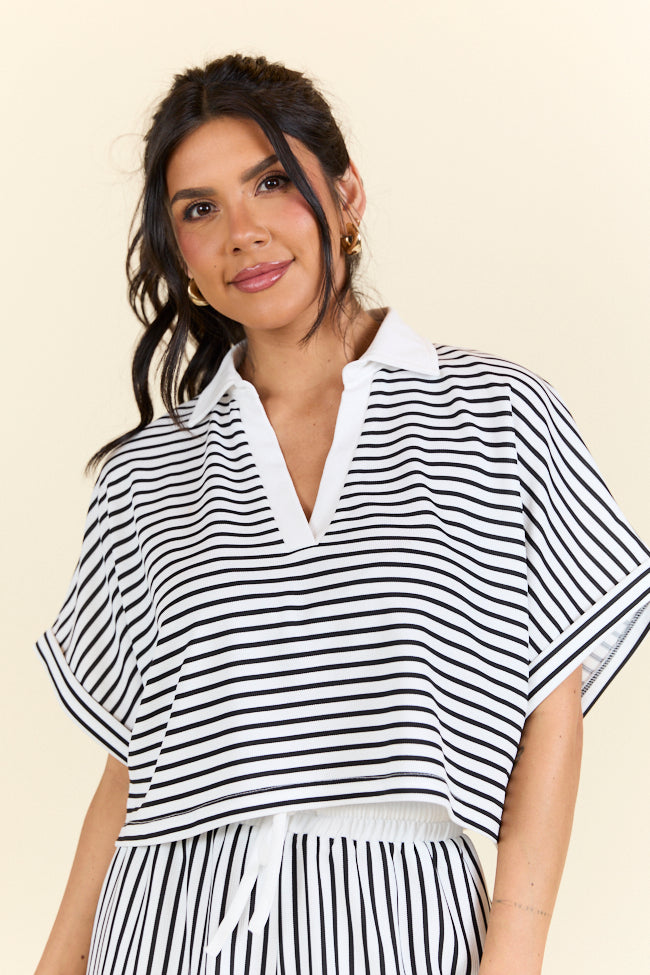 Stylish White and Black Striped Cropped Knit Shirt for Women | Trendy Casual Wear for Outings, Dates & Summer Fashion