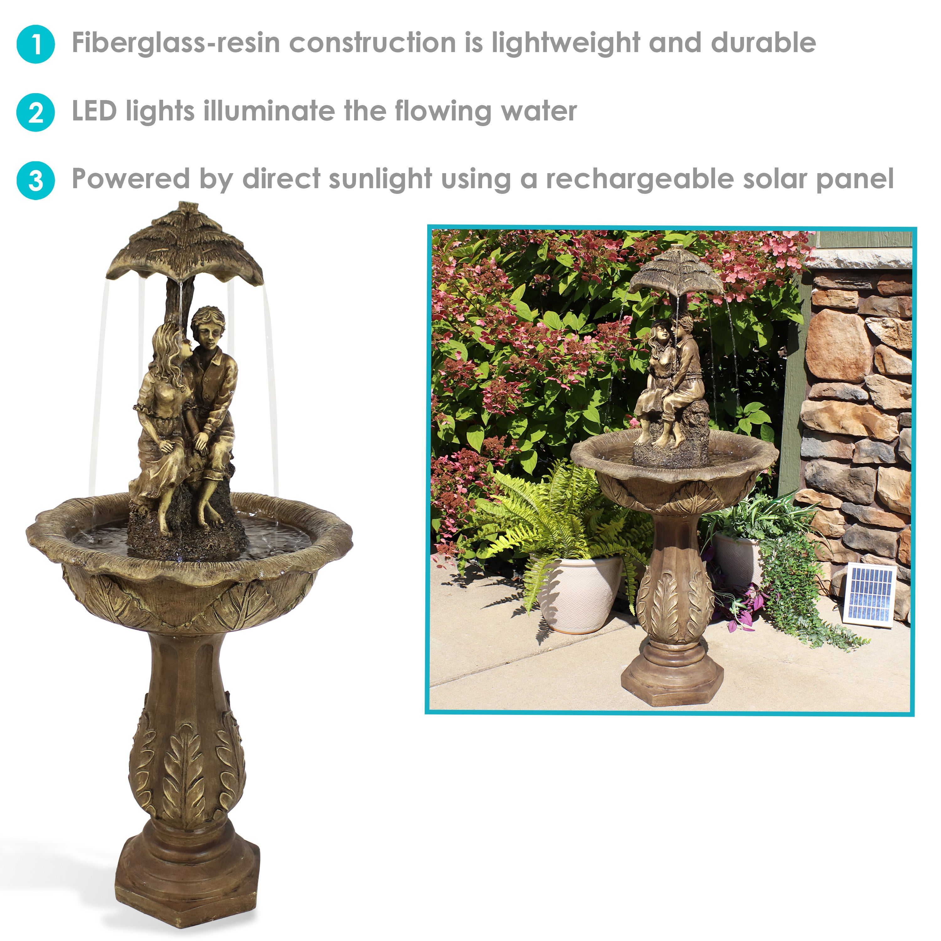Solar Powered Water Fountain with LED Lights & Battery Backup - Outdoor Garden Decor for Patio, Yard, and Landscape - Sunnydaze Lovers Umbrella Design