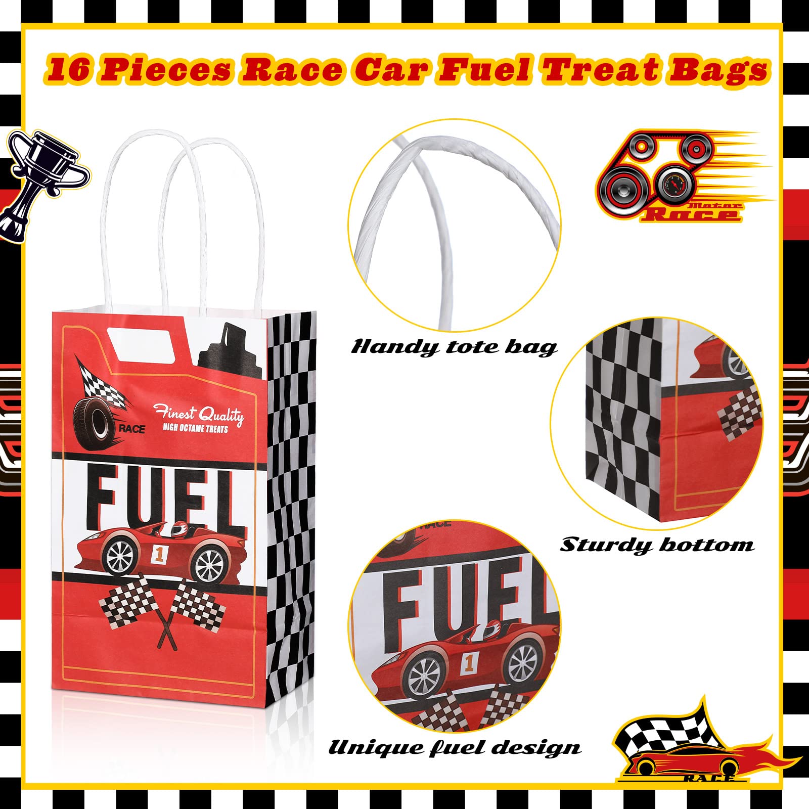 Pajean Race Car Themed Party Favor Bags - 16 Pack with Handles for Birthday, Baby Shower & Racing Decorations - Perfect for Goodie Bags, Gift Wrapping & Themed Party Supplies | Great for Kids' Birthday Parties, Baby Showers & Race Car Themed Events