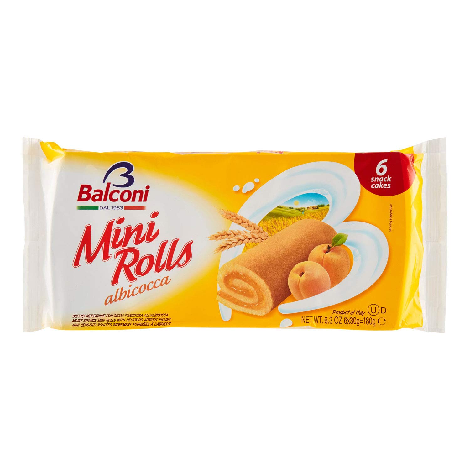 Balconi Mini Rolls Apricot - Delicious Italian Snack Cakes with Real Apricot Filling | Perfect for Breakfast, Snacks & Desserts | Imported from Italy