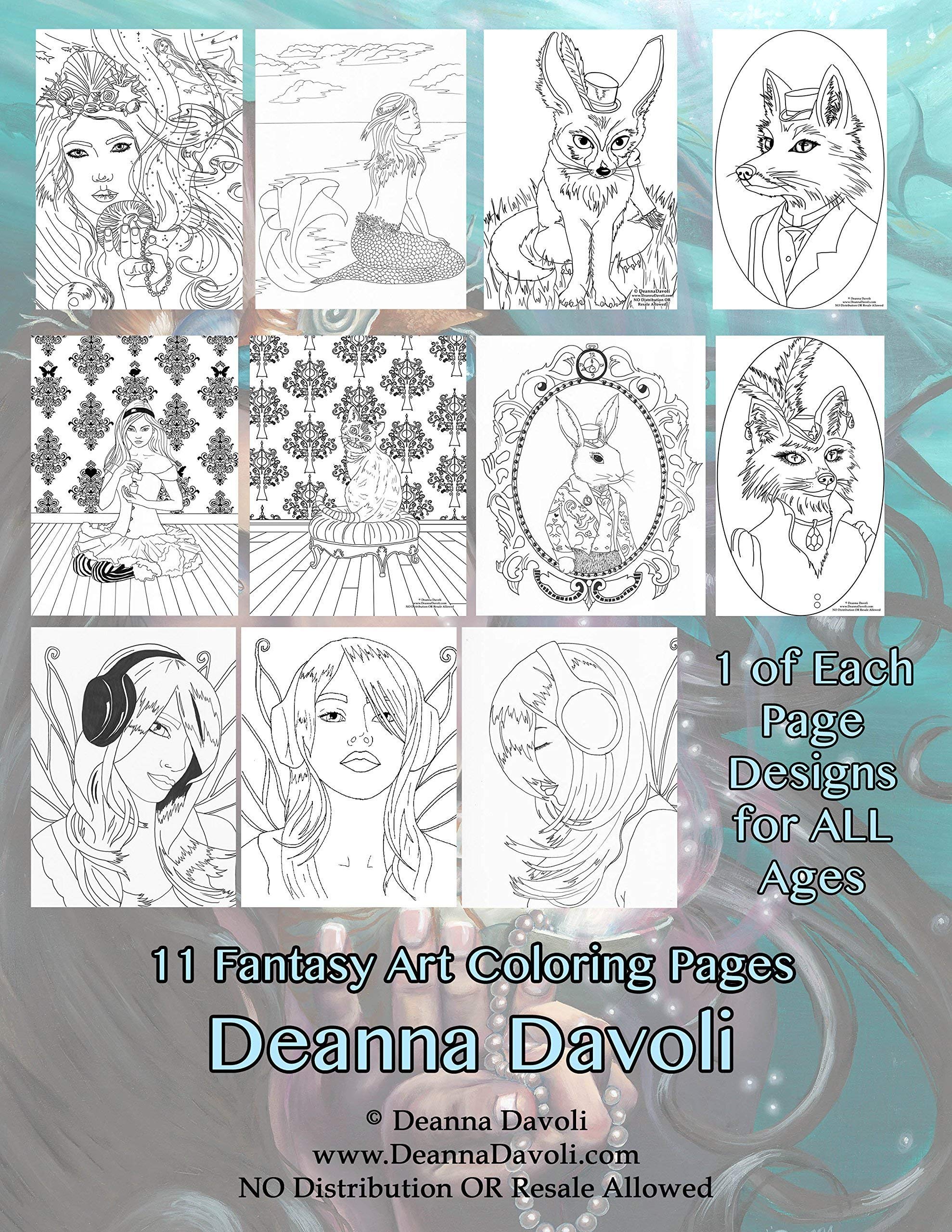 Fantasy Art Coloring Book for Adults - Mermaid, Animal & Alice in Wonderland Designs - 11 Printable Pages - Stress Relief & Relaxation Activity for Home, Office & Travel