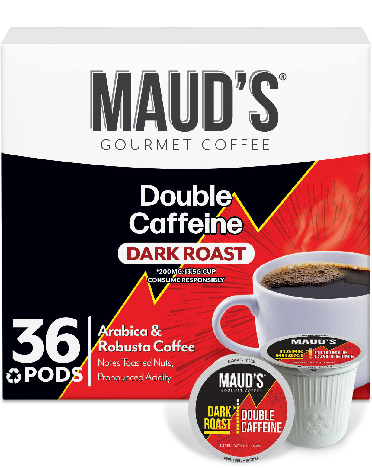 Maud's Double Caffeine Dark Roast Coffee Pods (2X Caffeine) - Strong Bold Flavor for Keurig Machines - Perfect for Morning Boost or Late Night Work Sessions