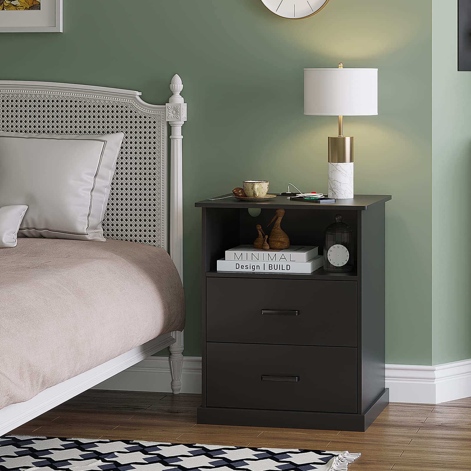 Hasuit Nightstand Set of 2 with Charging Station & Storage - Black Bedside Tables for Bedroom & Office
