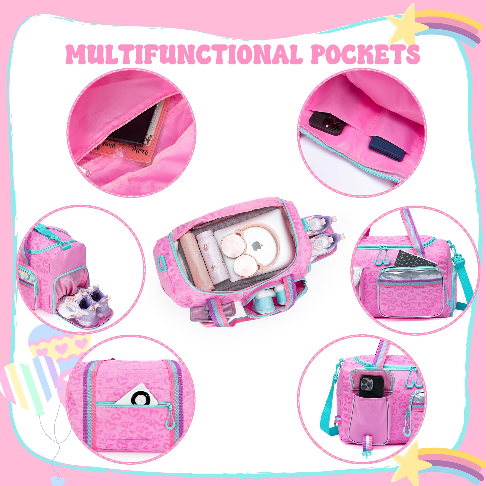 **Girls Rolling Duffel Bag with Wheels - Kids Travel Overnight Bag with Toiletry Pouch & Shoe Compartment - Perfect for Dance, Gym, Sleepovers & Weekend Trips**