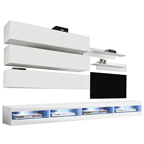 Modern White Wall-Mounted TV Stand with Storage & LED Lights - 34