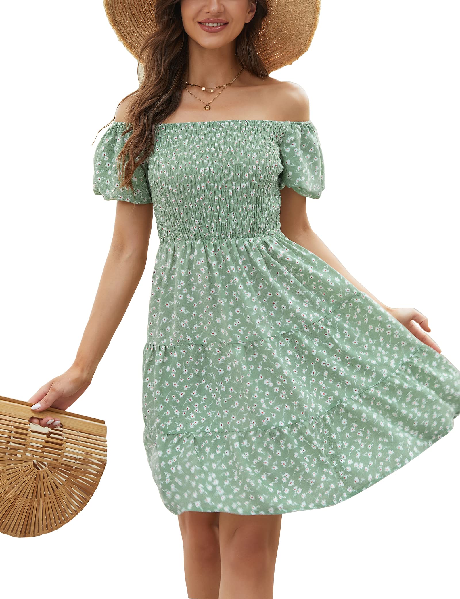 Leereya Women's Floral Off Shoulder Smocked Dress with Bubble Sleeves & Ruched Scoop Neck - Summer Tiered Babydoll Dress for Beach Vacation, Date Night & Party Wear
