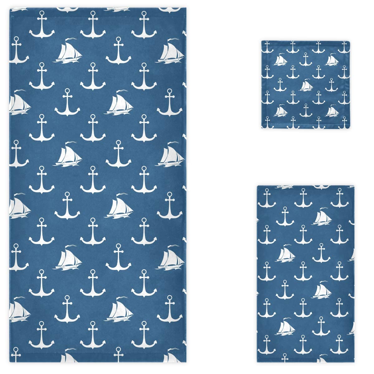Premium Nautical Anchor Design Luxury Bath Towel Set - 1 Bath Towel, 1 Hand Towel & 1 Washcloth - Soft Absorbent Cotton for Bathroom, Spa, Beach & Gym Use - Navy Blue Boat Pattern Decorative Towels - Perfect for Coastal Homes, Guest Bathrooms & Vacation Rentals