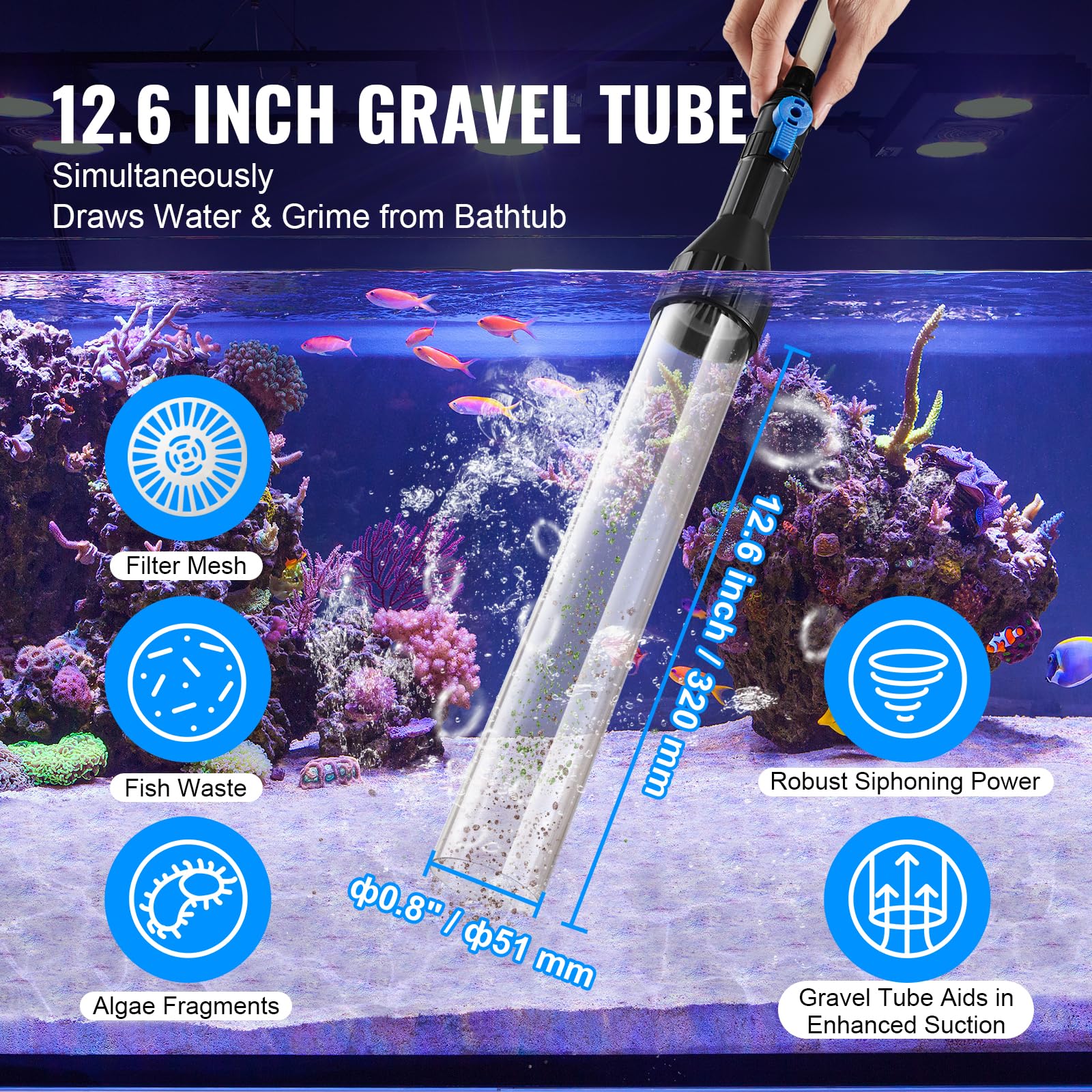 VEVOR Aquarium Gravel Cleaner with 50ft PVC Hose - 3 Brass Adapters for Fish Tank Cleaning | Sand & Gravel Siphon Vacuum | Perfect for Freshwater & Saltwater Tank Maintenance