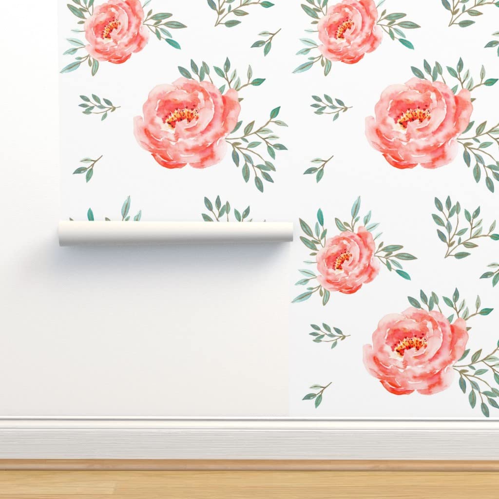 Peel & Stick Removable Wallpaper - 12ft x 2ft White Floral Pink Roses Large Print Nursery Wallpaper for Girls Room | Self-Adhesive, Easy to Install, Custom Decor by Spoonflower | Perfect for Baby Nursery, Bedroom, Dorm & Home Office Decor